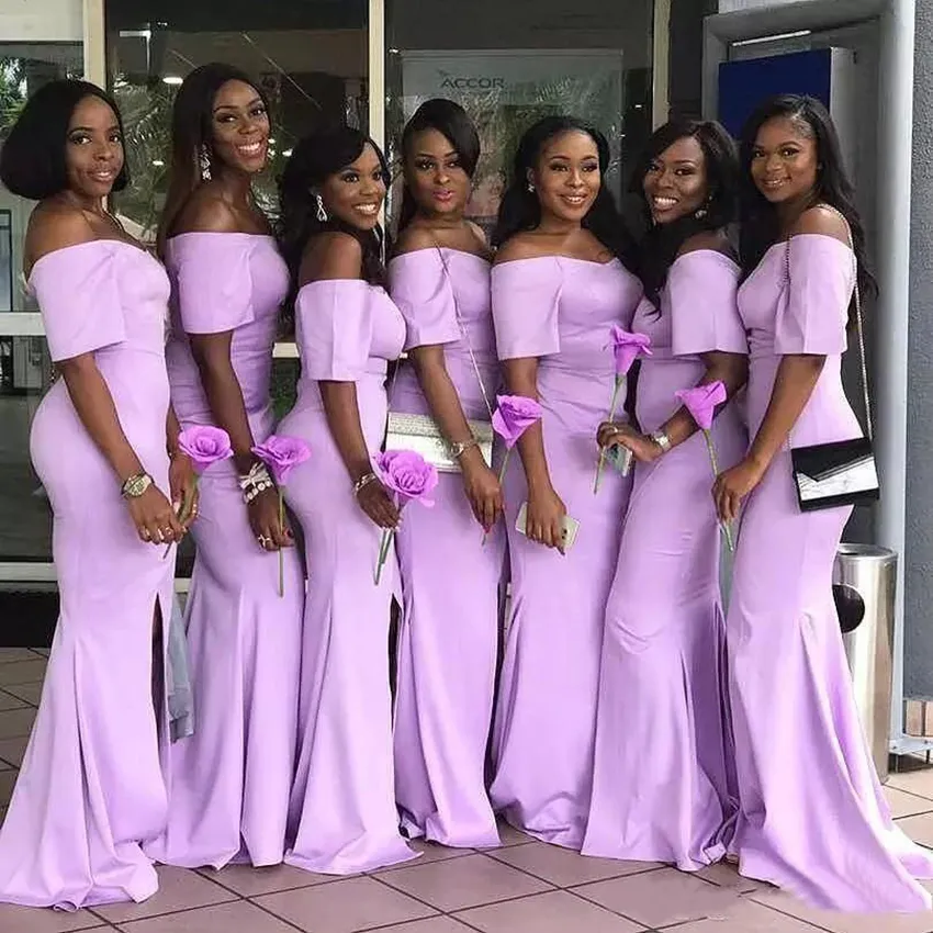 Lavender Off-Shoulder Mermaid satin lilac bridesmaid dresses with Short Sleeves and Slit Side - Middle Eastern Style for Junior Adults (2023