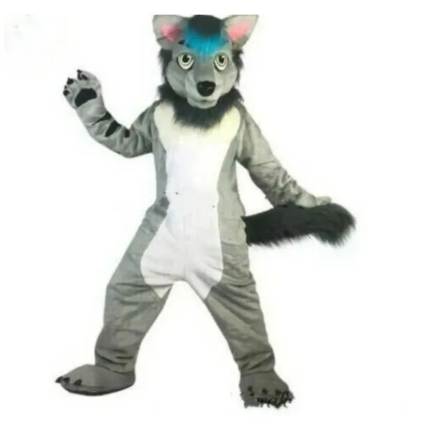 Gris longue fourrure Husky renard chien Fursuit fourrure mascotte Costume robe tenue jouer fête noël pâques Costume fête taille noël