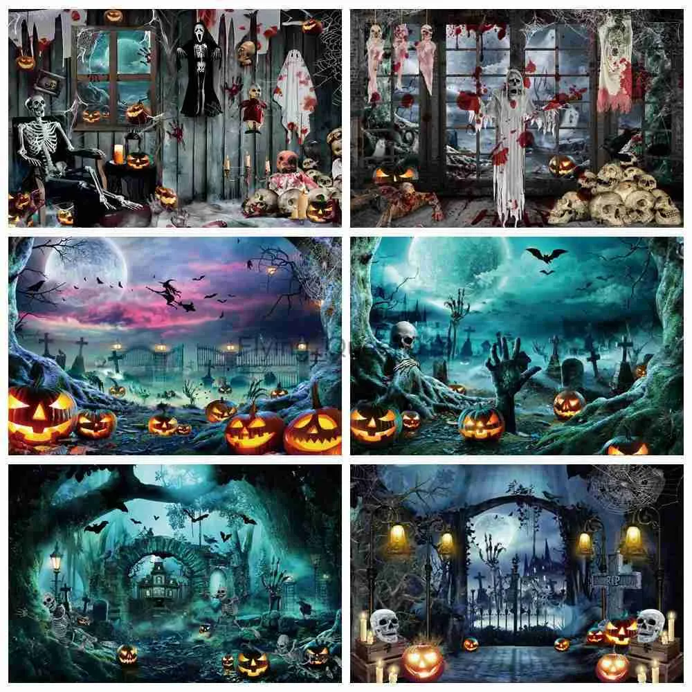 Bakgrundsmaterial Halloween Backdrop för fotografering Horror Night Moon Pumpkin Scary Cemetery Castle Bakgrund Familjefest Foto Studio YQ231003