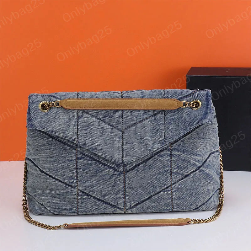 Designer axelväska loulou puffer denim kedjor rem mocka trimmad quiltad lyx crossbody handväska armhåla kvinnor kuvert väskor borsa plånböcker handväska spegel