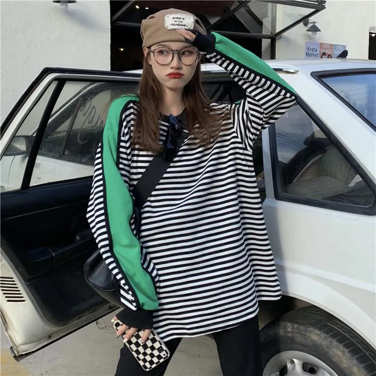 Women's Hoodies Korejepo American Fashion Sweatshirts Autumn Women Contrast Black White Stripes Temperament Loose Slim Long Sleeve Top