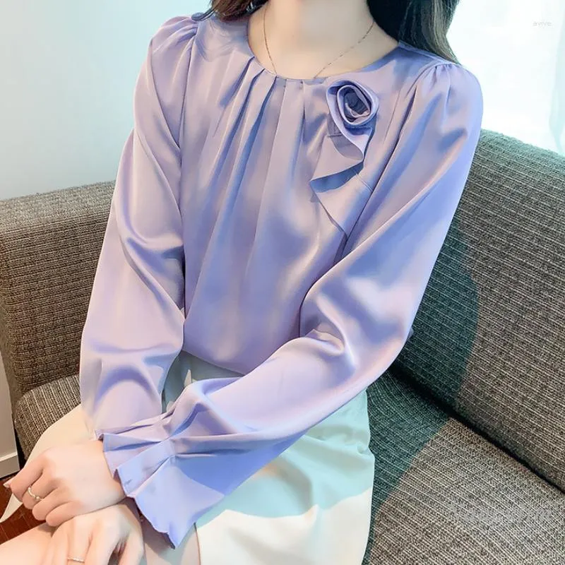 Blusas femininas camisa de cetim roxo manga comprida primavera e outono roupas superiores 2023 chique high-end temperamento senhora do escritório blusas