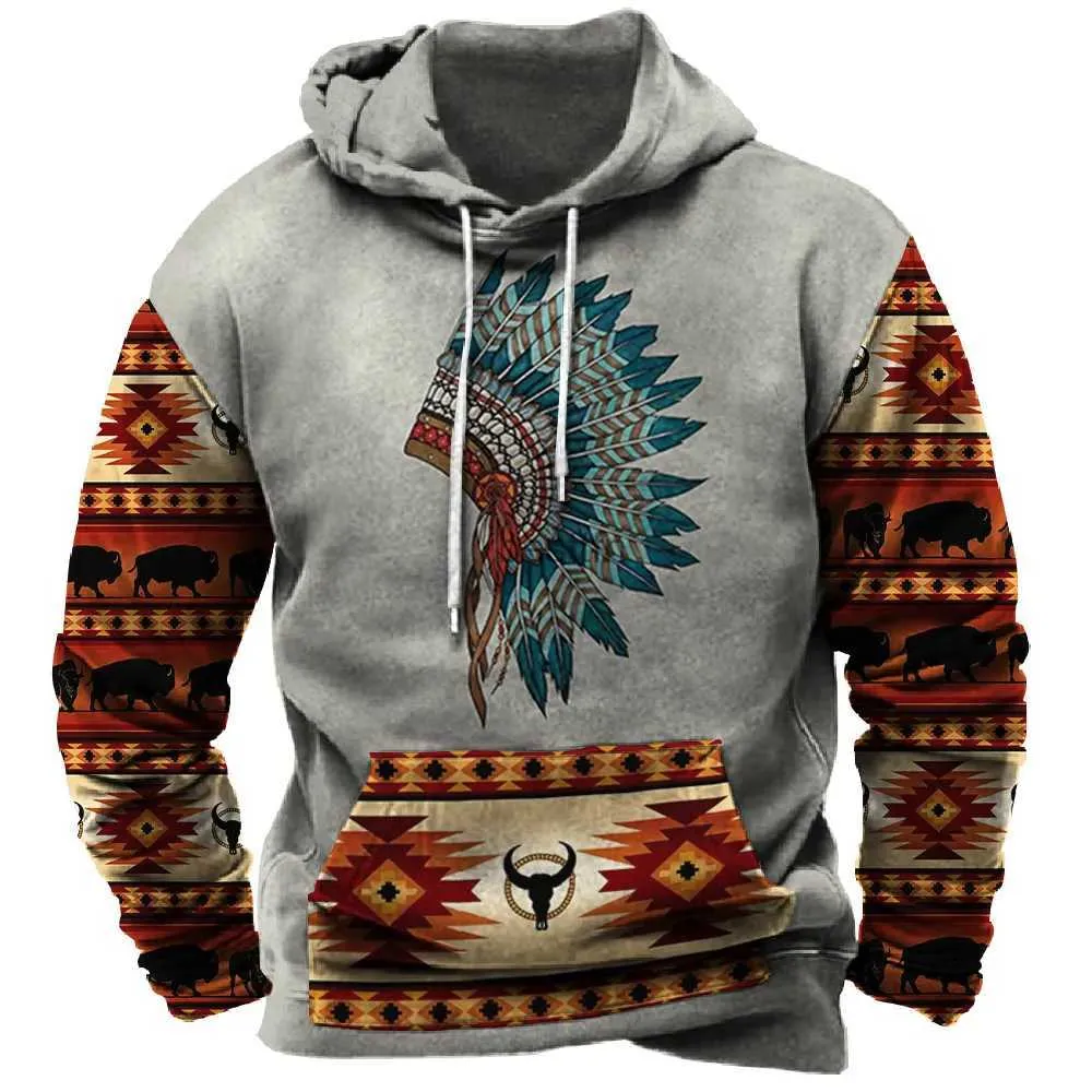 Hoodies للرجال Sweatshirts 2023 New Vintage Men's Hoodie Indian Print Harajuku ملابس الشوارع للجنسين ذكور ذكور ذكور العلامة التجارية غير الرسمية topsl231003