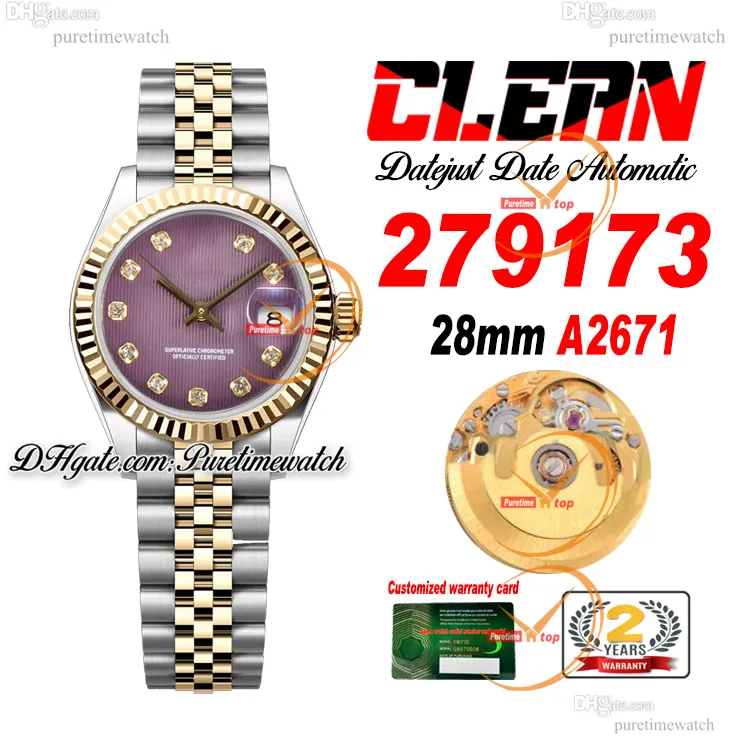 Clean Factory CF 279173 A2671 Automatic Ladies Watch 28 Two Tone Yellow Gold Purple Diamond Dial 904L Jubileesteel Bracelet Super Version Womens Puretimewatch 0017