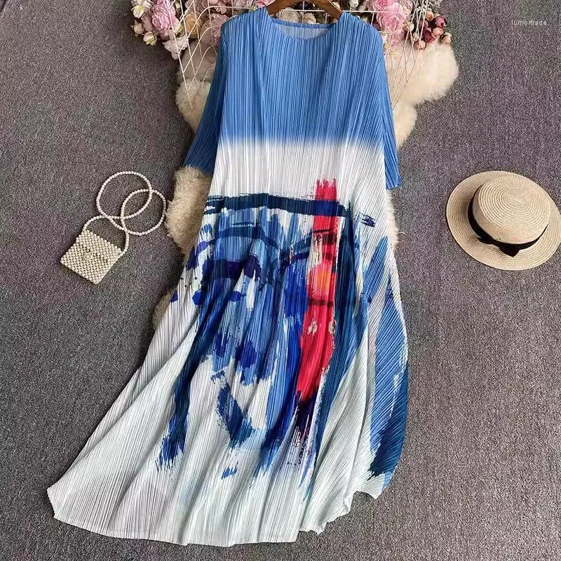 Vestidos casuais dobrado meados de manga pintura a óleo vestido 2023 verão outono mulheres design de moda solto oversized z3280