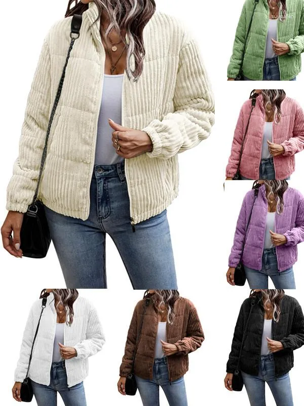 女性用ジャケット2023秋と冬のコーデュロイスタンドカラー長袖短いポケットドローストリング軽量ジャケット