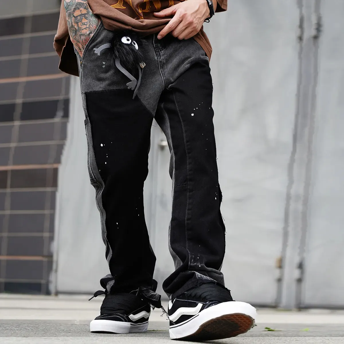 Streetwear Slim Flared Jeans for Men, Hip Hop Painting Patchwork, Vintage  Denim Jeans