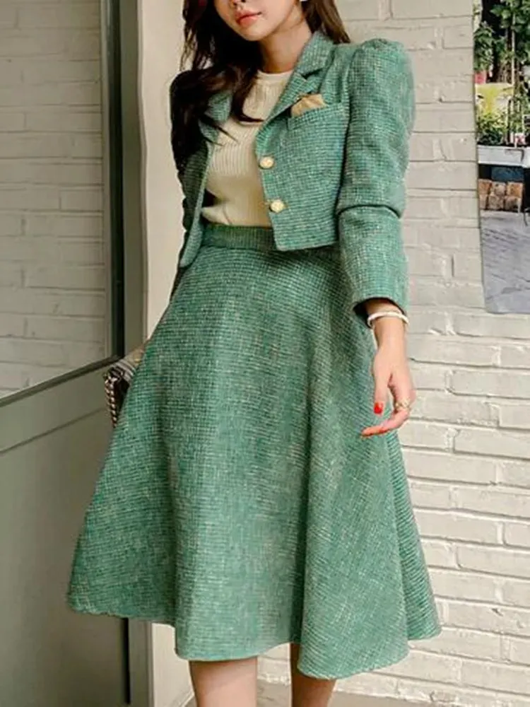 Two Piece Dress Elegant Tweed Woolen Jacket and Long Skirt Two Piece Set Women Autumn Winter Dress Suit Fashion Designer Green Party Outf 2024