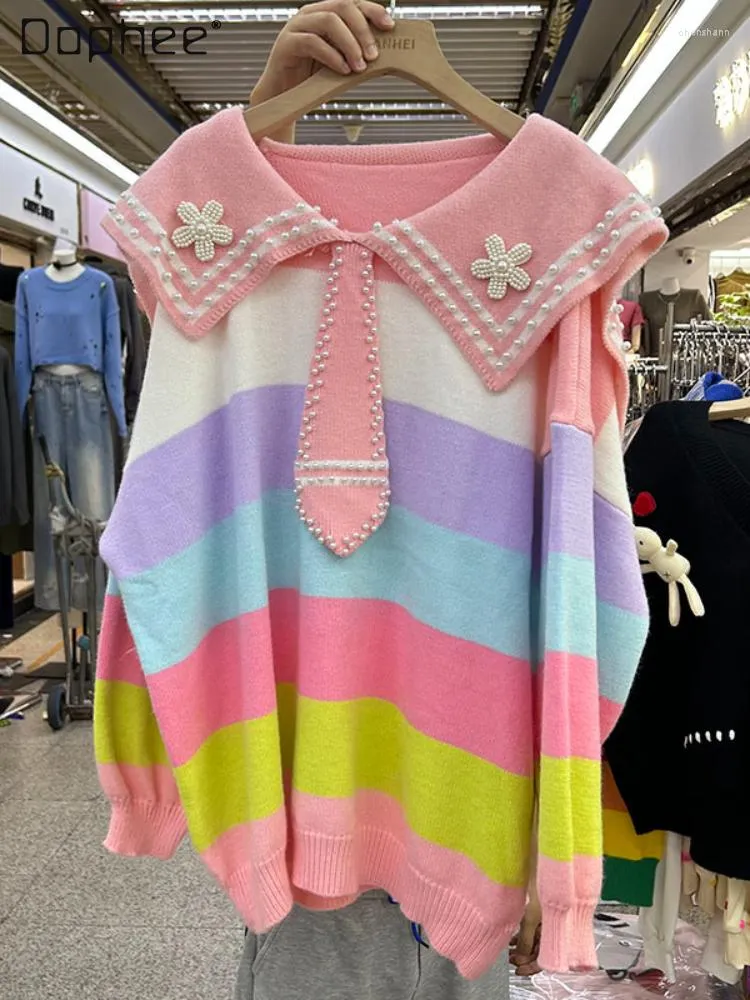 Suéteres femininos Beads Sailor Collar Sweater Mulheres 2023 Outono Inverno Pulôver Contraste Cor Mangas Compridas Moda Listrado Knittd Tops