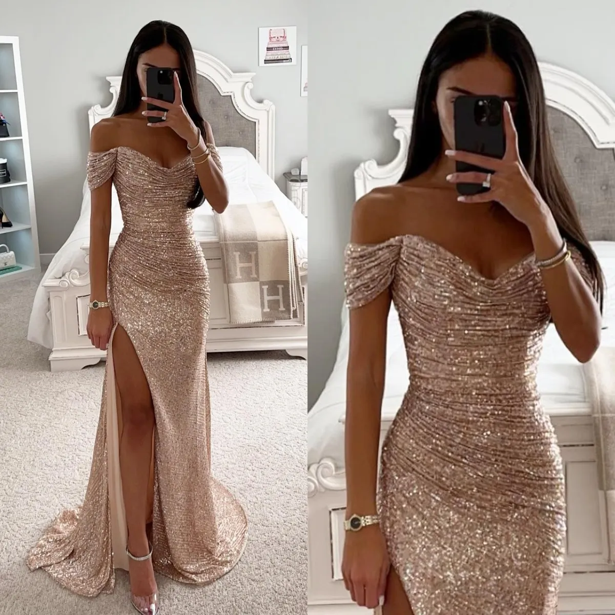 Eleganti abiti da ballo champagne con spalle scoperte Paillettes glitterate Abito da sera Pieghe Abito da festa formale lungo per occasioni speciali diviso