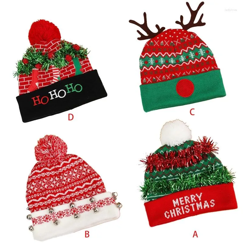 Basker vuxen stickad jul beanie hatt med klockor led lyser upp xmas manschetterskall mössa