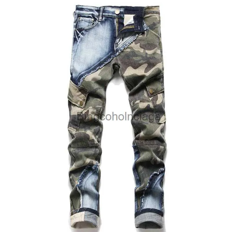 Jeans pour hommes Jeans de camouflage extensibles de luxe légers pour hommes patchs de couleur décors de poche jeans slim élégant jeans décontractés jeunesse sexy must; L231003