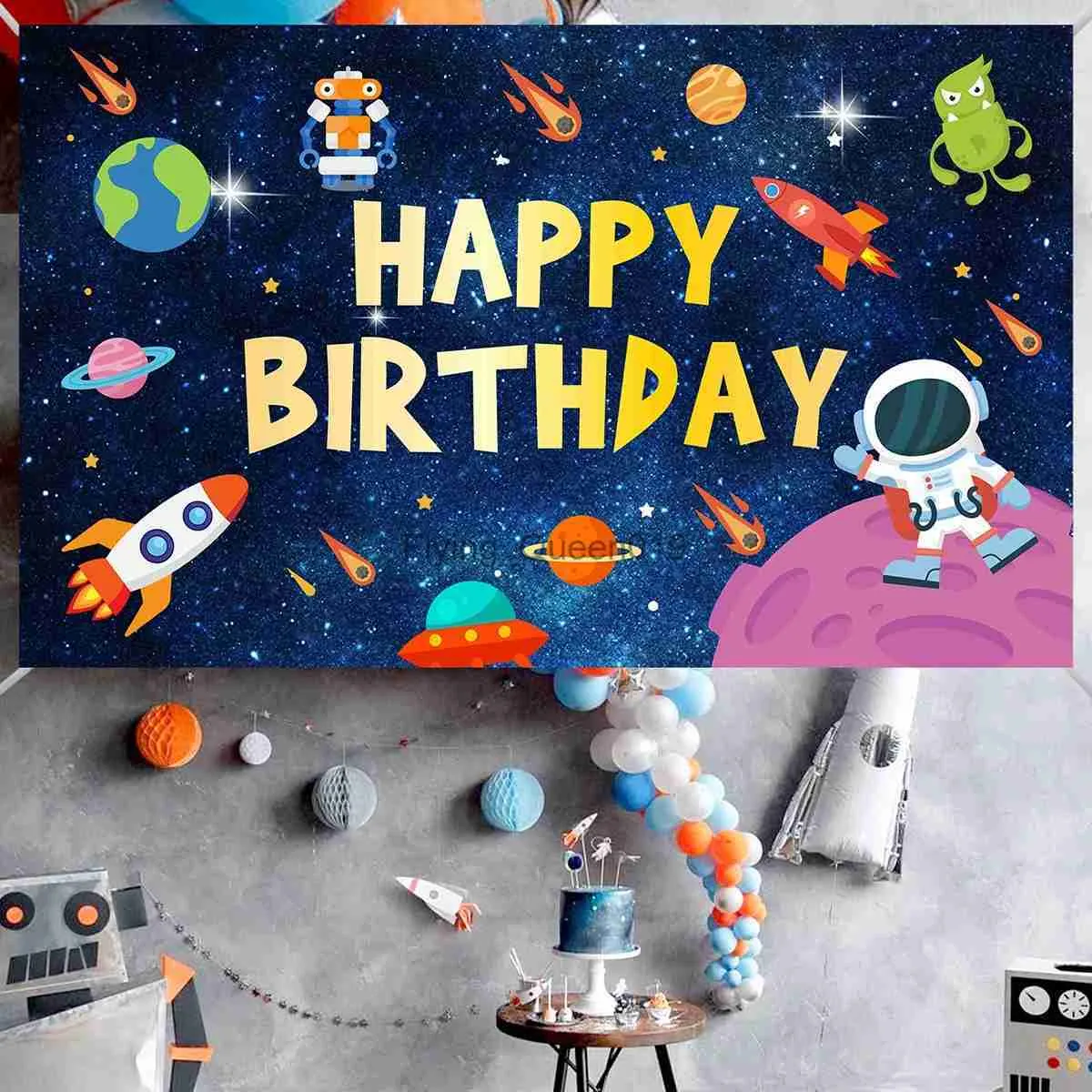 Materiale di fondo Universo Spazio Sfondo Panno Pianeta Veicolo spaziale Astronauta Sfondo Baby Boy Compleanno Festa Decor Cielo stellato Sfondo Banner YQ231003