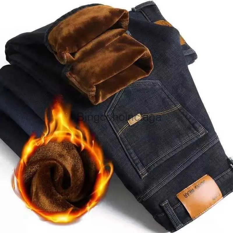 Mäns jeans män vinter fleece denim jeans svart tjockare varma jeans företag avslappnade byxor god kvalitet manlig stretch rak passform långa jeans40l231003