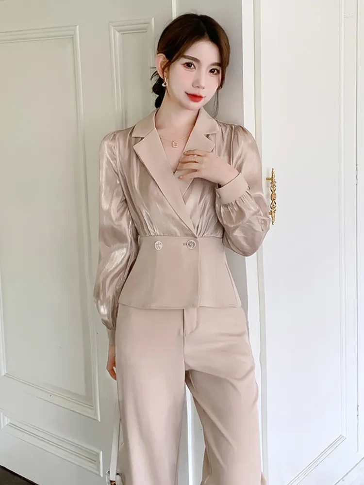 Women's Two Piece Pants Autumn Fashion Casual Satin Trousers Set Women  Blazer Top Wide Leg Pant Sets Korean OL 2 Suits