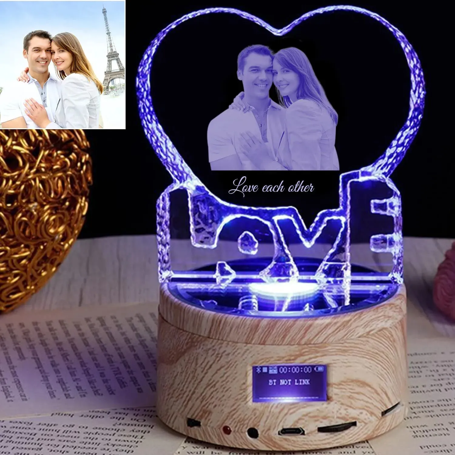 Dekoratif Nesneler Figürinler Love Crystal Po Hediye Özelleştirilmiş Resim Metin Gecesi Işık Bluetooth Müzik Oyuncusu Düğün Çifti Annenin Babalar Günü 230928