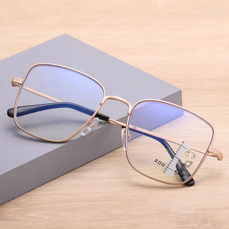 Okulary przeciwsłoneczne luksusowe damskie okulary czytania metal kwadratowy niebieski światło blokowanie wieloogniskowe progresywne okulary optyczne okulary dioptera