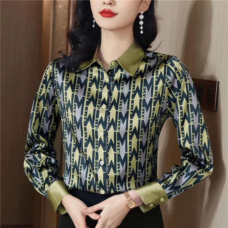 Luxury Vintage Silk Satin Printed Shirts Autumn Winter Chic Women Designer Long Sleeve Lapel New in Blouses Green Button Up Shirt 2023 Office Ladies Plus Size Tops