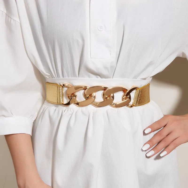 Belts Gold Chain Link Buckle Women's Decorative Coat With Dress Elastic Waist Closure Wide Waistband Belt