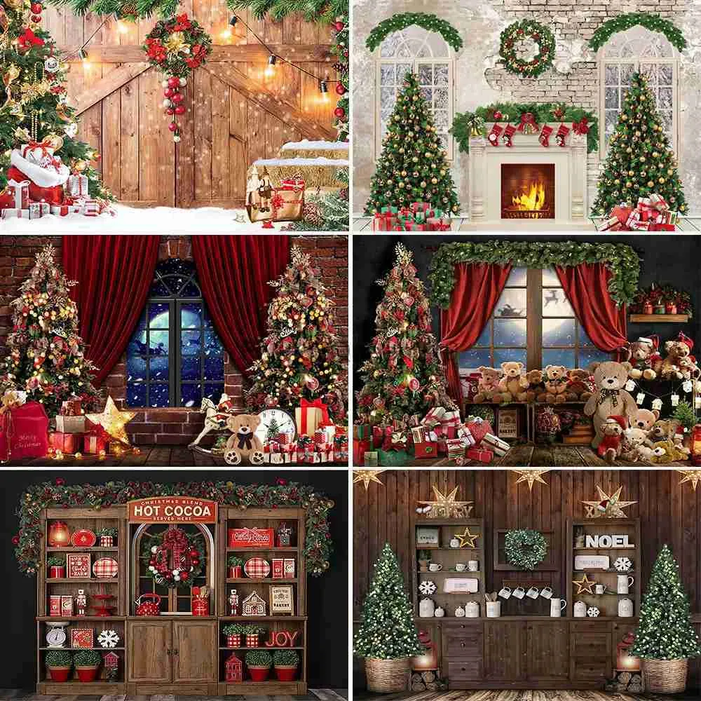 Background Material Bonvvie Christmas Photography Backdrop Photocall Window Tree Gift Baby Portrait Party Decor Background Photographic Photo Studio YQ231003