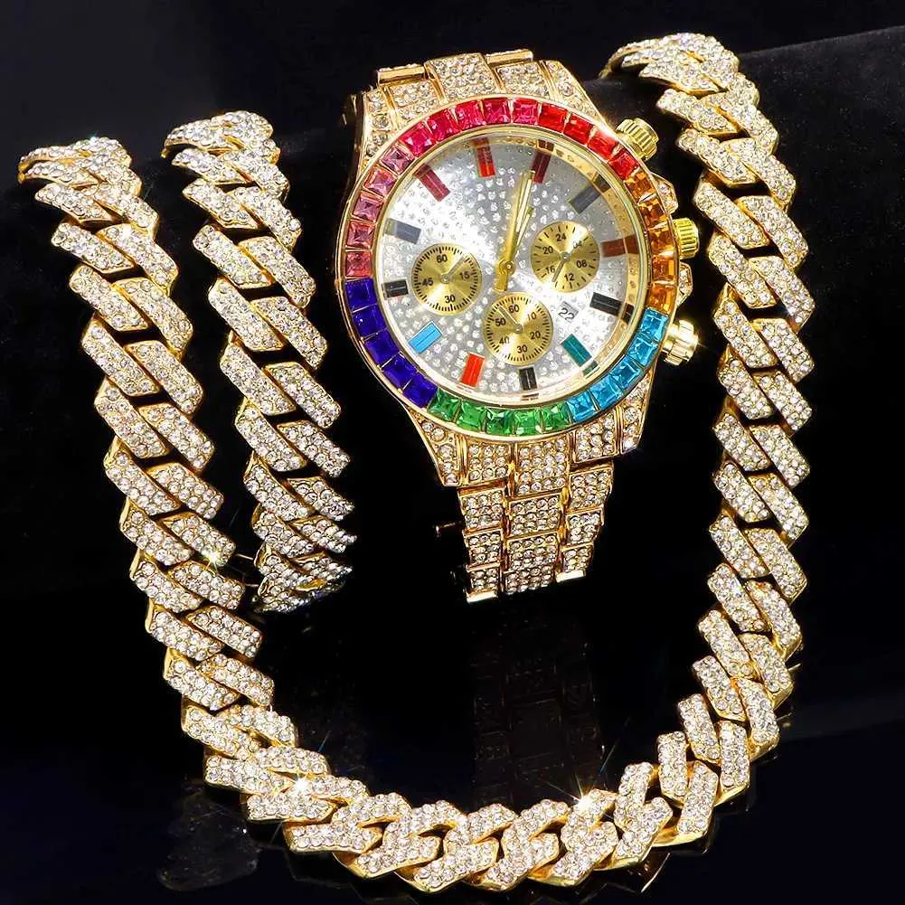 Naszyjniki wisiorek Hip Hop Mężczyzny Kobiety zegarki Zatrzymy Mrożony Naszyjnik+Zegarek+Zestaw bransoletki Bling 2 rzędę Kubańska Łańcuch Link Naszyjnik Hiphop Jewelry