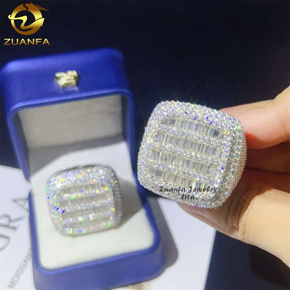 Luxo grande passagem diamante tester diamante hip hop anéis baguette 925 prata esterlina masculino moissanite anel