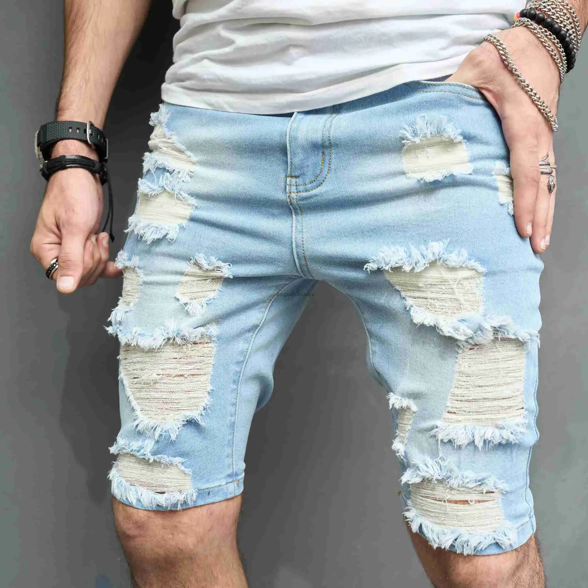 Calças de brim masculinas novos homens verão streetwear fino ajuste rasgado denim shorts elegantes buracos sólidos casuais jeans retos masculino calças de cinco pontos l231003