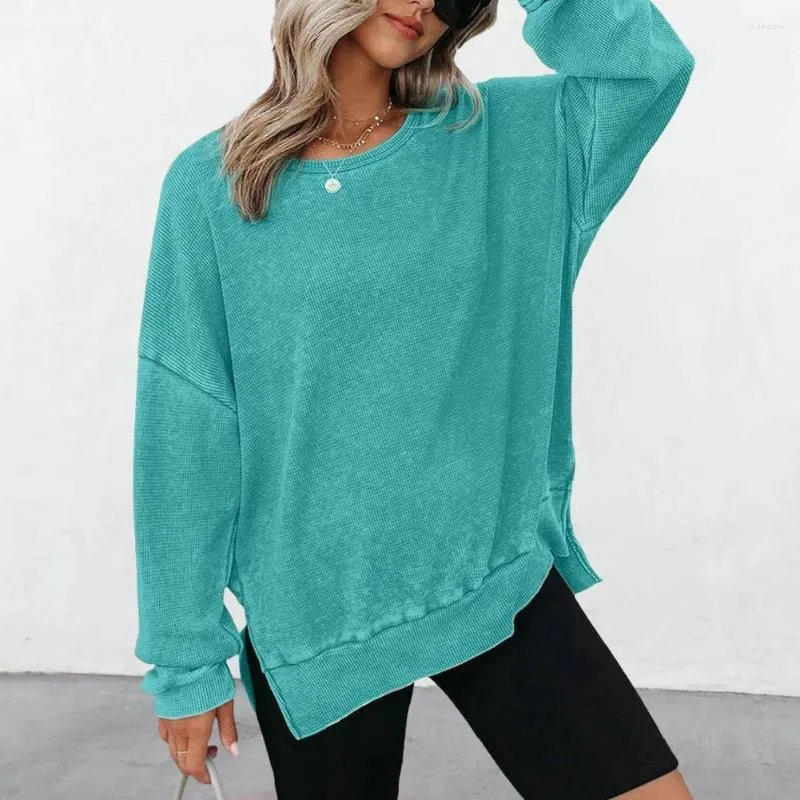 Women's Hoodies Women Hoodie Oversized Waffle Knit Crewneck Sweatshirt Long Sleeve Side Slits Casual Pullover Tops