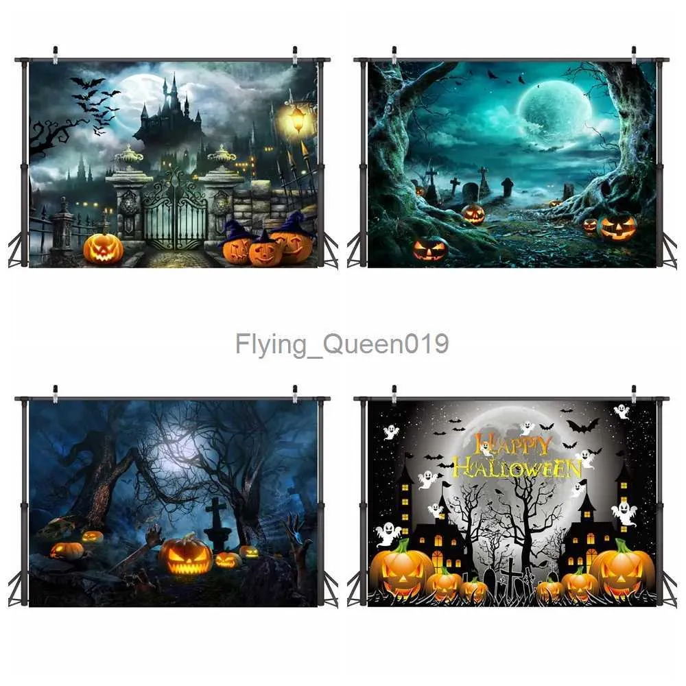 Background Material Halloween Backdrop Horror Moon Night Scary Cemetery Pumpkin Lantern Castle Photo Background Birthday Party Photography Props YQ231003