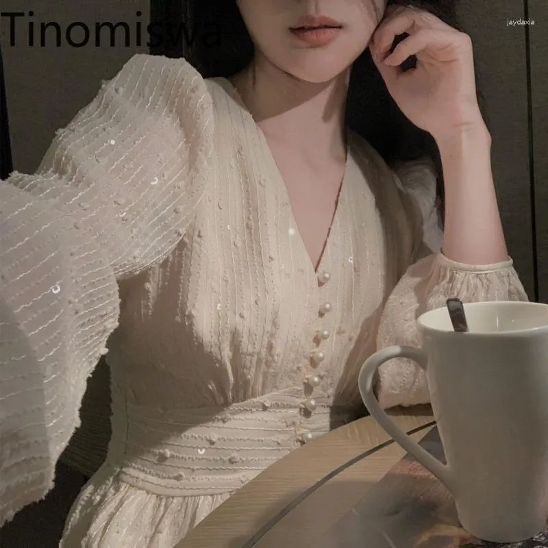 Casual Kleider Tinomiswa Französisch Stil Vintage Kleid Frauen V-ausschnitt Langarm Button Up Schlanke Taille Weibliche Pailletten Bling Vestidos Mujer