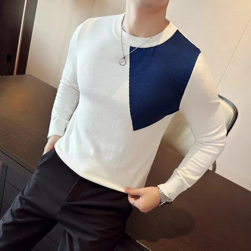 Men s Sweaters Korean Fashion Patchwork Color Long Sleeve For Men Clothing Autumn Winter Slim Fit Casual Knitwear Pull Homme Black