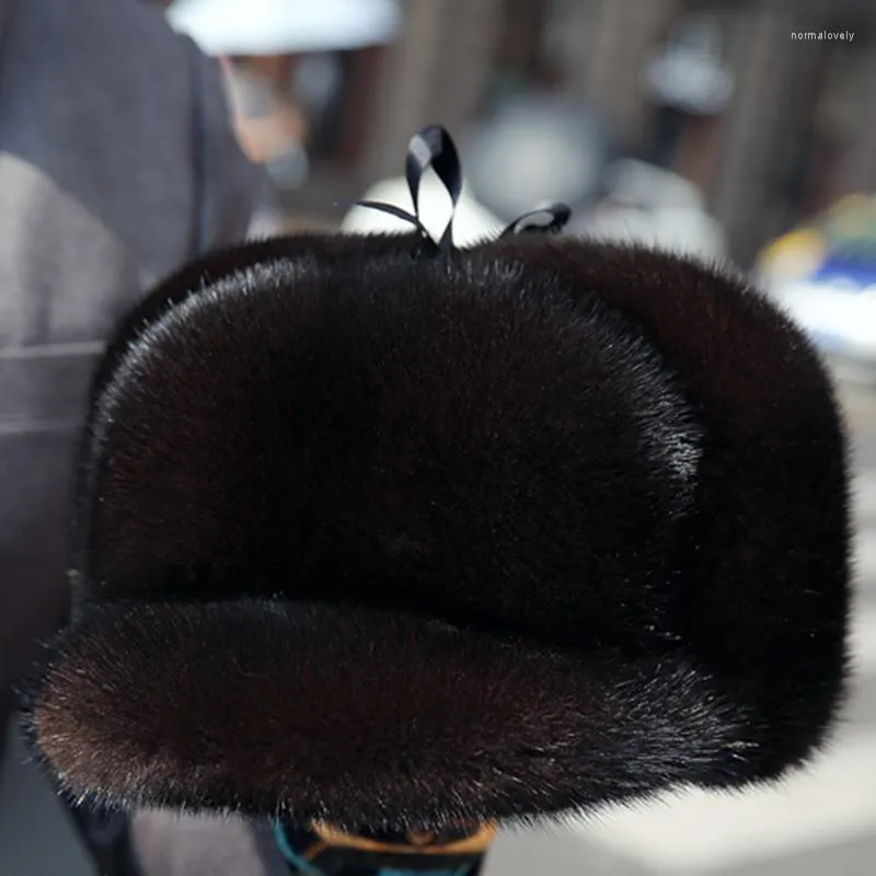 Bérets de luxe hiver homme haut véritable chapeau de bombardier mâle véritable tête chaude noir/marron casquettes cadeau pour papa Gorras