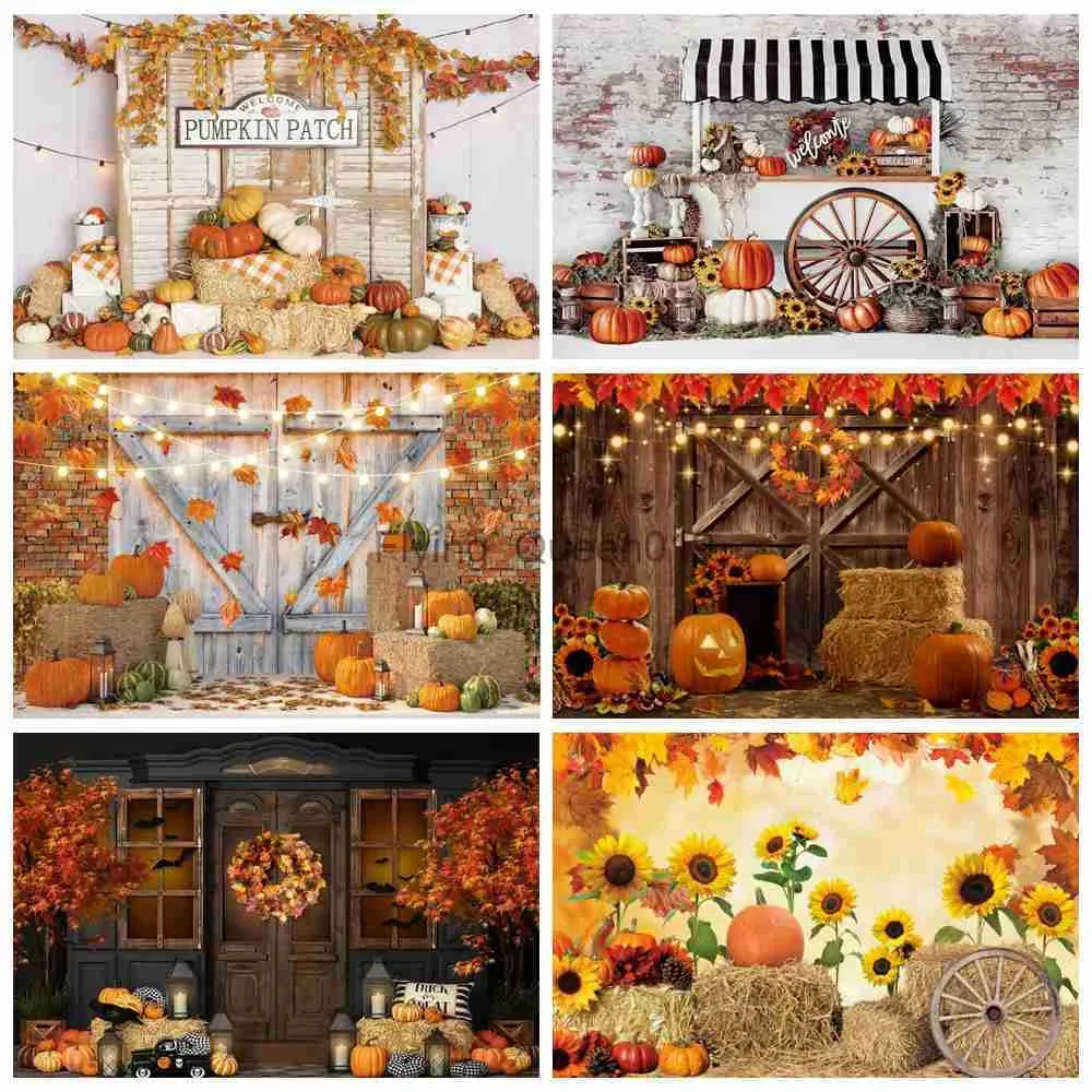 Bakgrundsmaterial Autumn Halloween Backdrop för fotografering av stötfångare skörd pumpor lönnlöv vintage tegel väggfoto bakgrund fotocall yq231003
