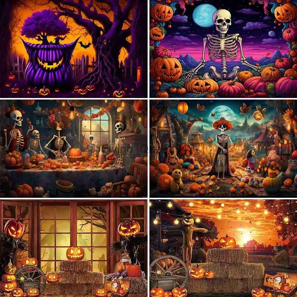 Bakgrundsmaterial Beenle Halloween Photography Backdrop Horror Night Moon Pumpkin Scary Cemetery Castle Bakgrund Family Party Phote Studio YQ231003