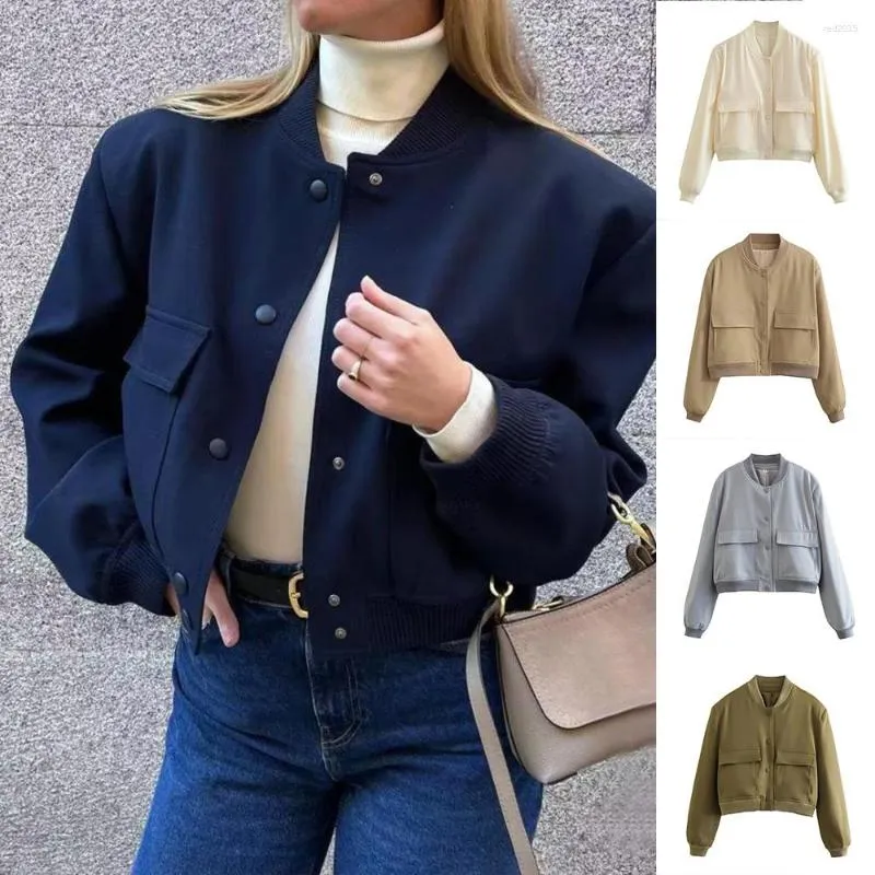 Women's Jackets 2023 Woman Bomber Jacket White Autumn Winter Button Cropped For Women Fashion Long Sleeve Crop Outerwear