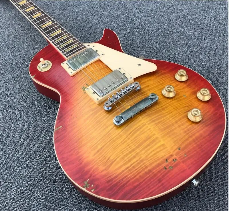 Guitare électrique relique Cherry Sunburst faite à la main, incrustations jaunâtres, une pièce Bodyneck TonePro Bridge Flame Maple Old Aged Guitarra