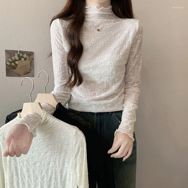 Women's T Shirts Fashionabla Spring Autumn Bottoming Shirt Chic Half Turtleneck Full Sleeve Lace Slim Women Tops Simple All-Matched Base