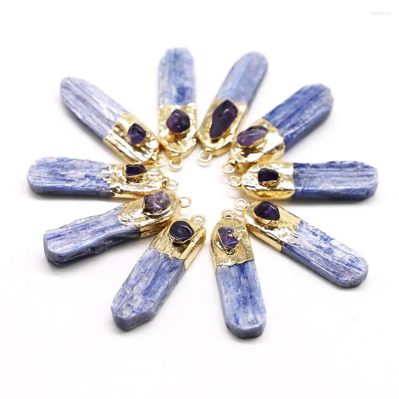 Pendant Necklaces Natural Blue Kyanite Rough Stone Amethyst Gold Plating Crystal Mosaic Necklace Charms Jewelry Accessories Wholesale 6Pcs