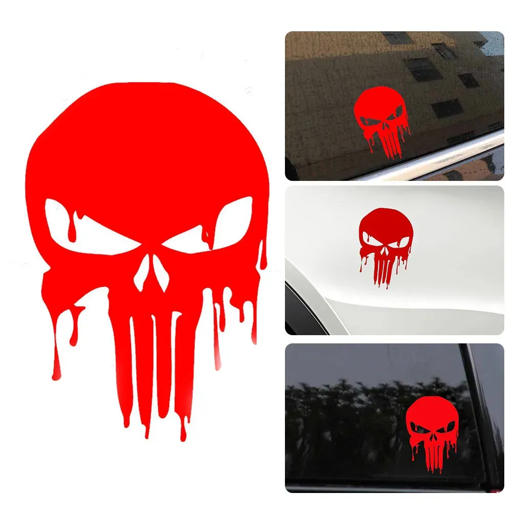 Nouvel autocollant de voiture pour Tesla 15x10.1cm, autocollant de moto réfléchissant sanglant Punisher crâne rouge pour Halloween pâques décoration Automobile