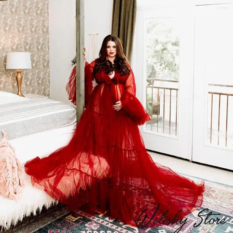 Casual Dresses Arrival Sexy Red Maternity Tulle Women Long Sheer Floor Length With Train Dress Po Shoot Pregnancy Prom Gown