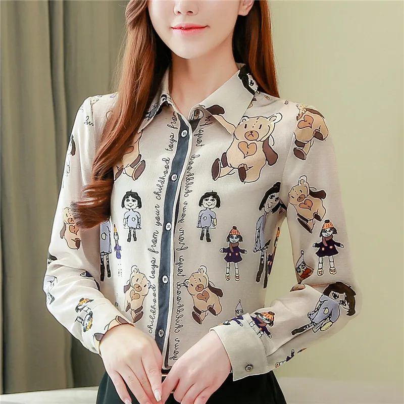 2023 Elegant Printed Casual Lapel Shirt Designer Tops Long Sleeve Women Vintage Chic Silk Satin Button Up Blouses Office Ladies Simple Fashion Shirts Plus Size Tops