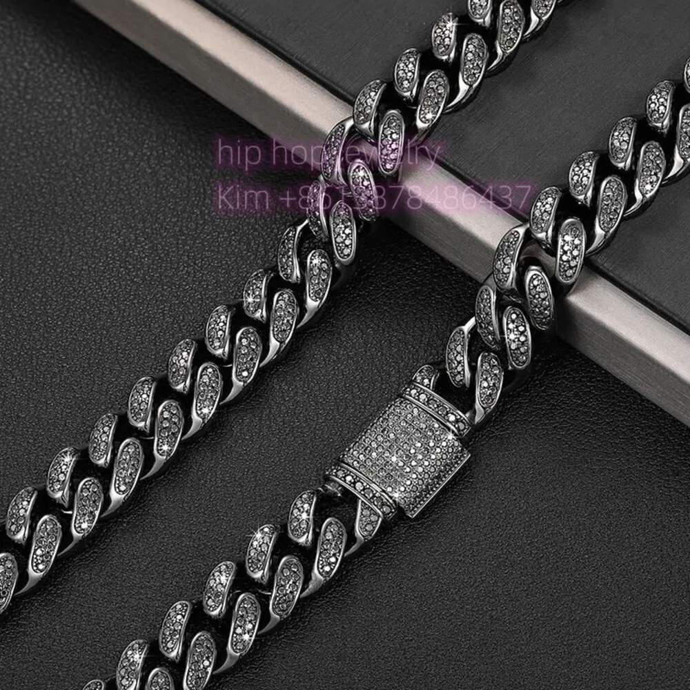 Marque de mode femme Hip Hop bijoux noir Moissanite 12mm Miami chaîne cubaine coupe ronde diamant 925 collier en argent