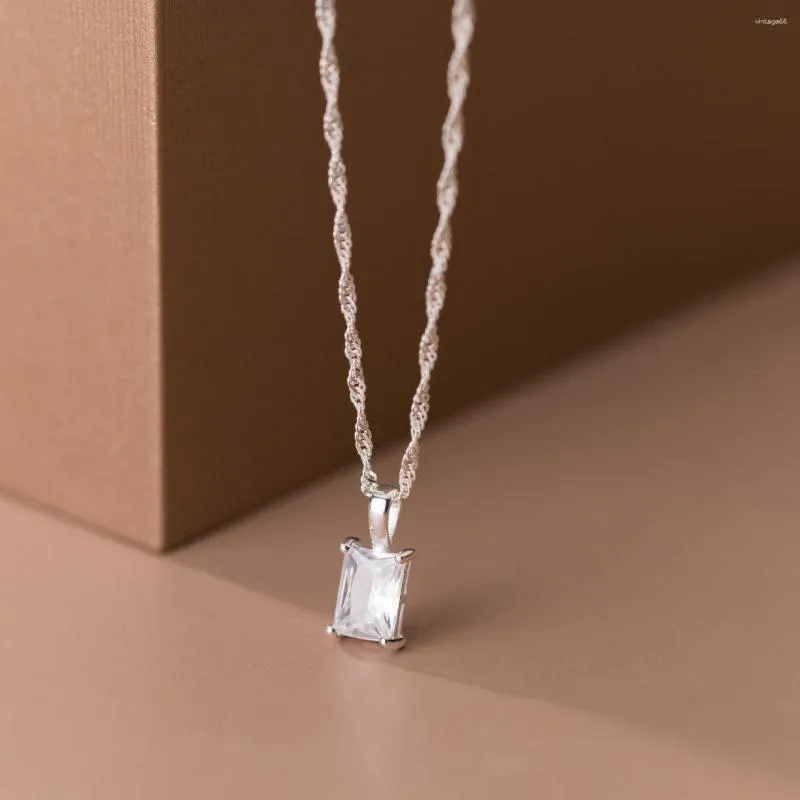 Chaînes 46cm Femelle Argent 925 Collier Minimaliste Mode Carré Zircon Pendentif Pour Femmes Bijoux Girt Filles