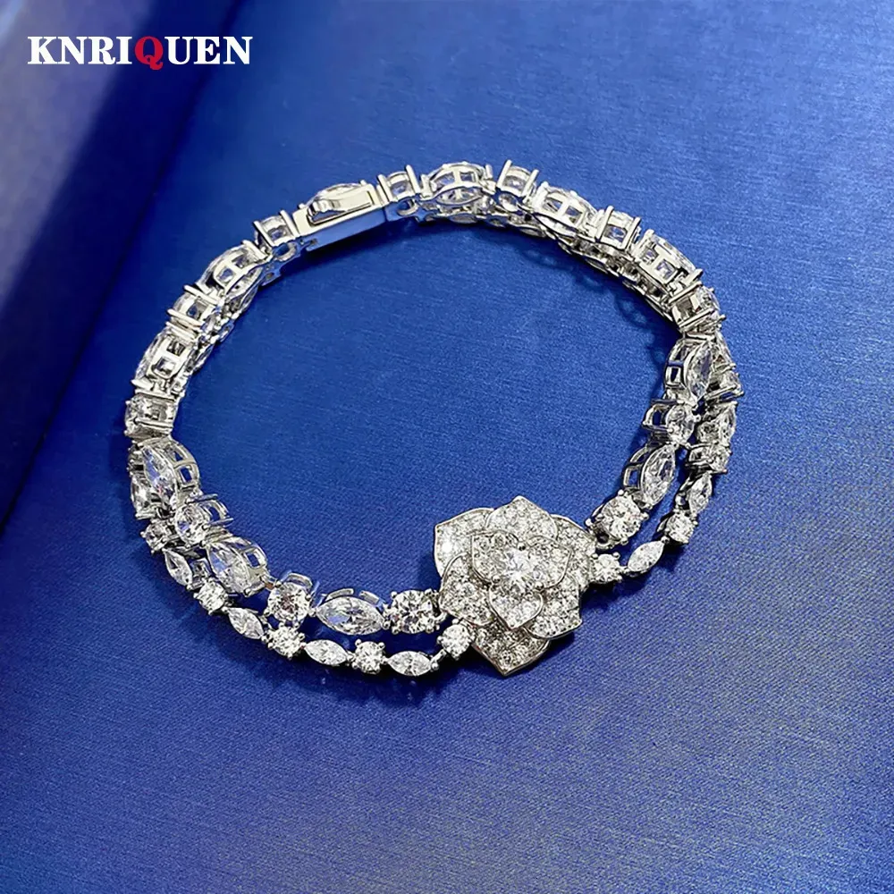 チャームブレスレット2023 Luxury 100 925 Sterling Silver Full High Carbon Diamond Camellia Wedding Bracelet for Women Party Fine Jewelry 16 18cm 230928