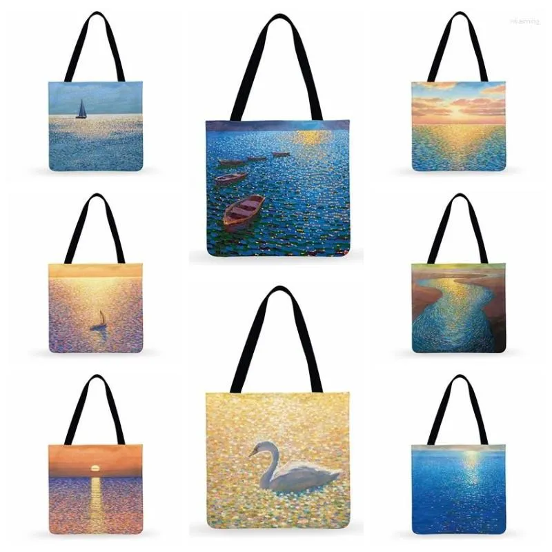 Shopping Bags Outdoor Beach Dawn By The River Painting Print Tote For Women Casual Linen Febric Shoulder Bag Foldable