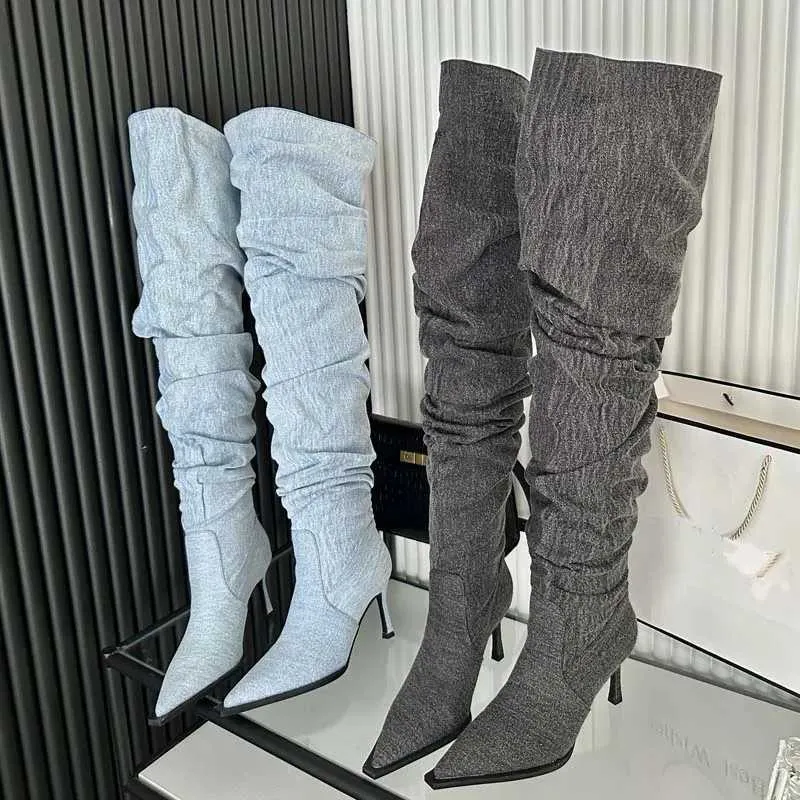 Dames sur le genou moderne bottes longues pour talons chaussures bout pointu Denim femmes pompes automne hiver femme chaussures 230922