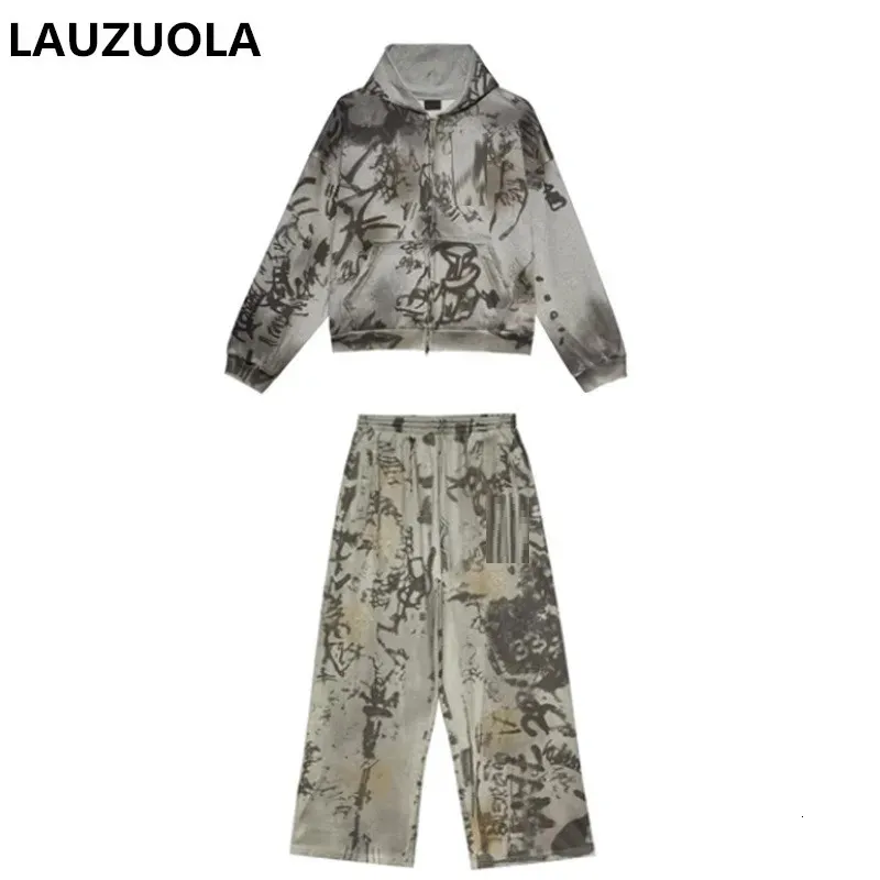 Tute da uomo Lettera di alta qualità Graffiti Hip Pantaloni larghi Hop Completo Completo 2 pezzi Felpa con cappuccio da donna e pantaloni sportivi coordinati 230928