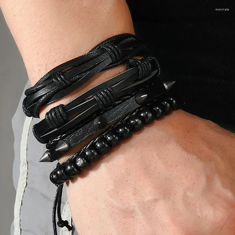 Bangle Punk Lederen Armband Voor Mannen Mode Spike Set Houten Bal Trekkoord Charme Sieraden Liefhebbers Gift