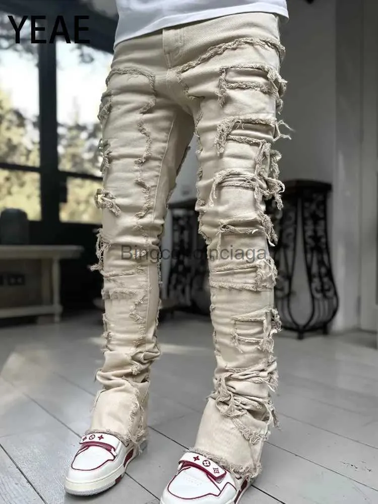 Erkek kot pantolon yea high Street erkek deliği yırtılmış sıkıntılı kot hip hop retro yüksek bel retro streç yama düz denim yığılmış pantolon231003