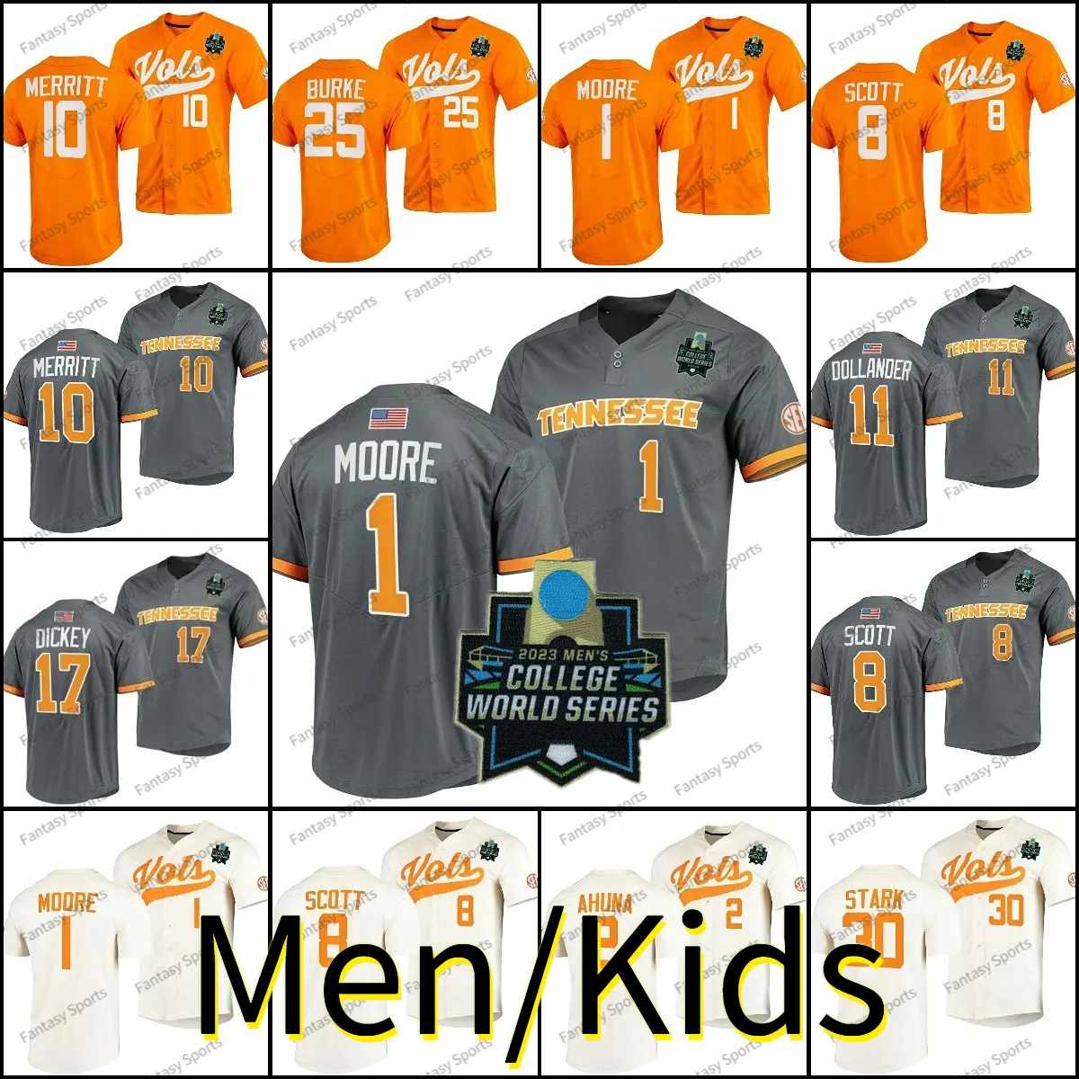 Tennessee Volunteers Baseball Jersey Chase Dollander 17 Jared Dickey 2 Maui Ahuna Blake Burke Christian Scott Christian Moore Griffin Merritt Cal Stark WS College